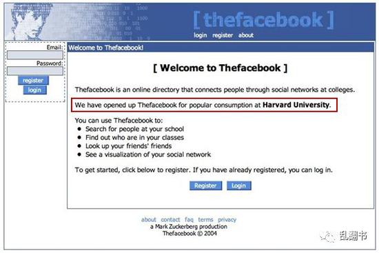 图：Facebook早期注册界面：这是哈佛大学泡妞的地方